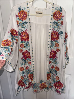Savanna Jane Boho Embroidered Floral Kimono Cardigan Festival Cottagecore M
